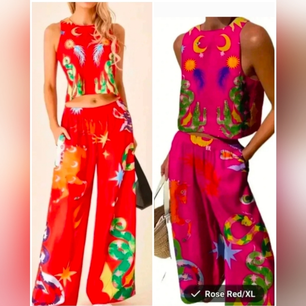 NWT Two Piece Tropical Print Sleeveless Crop Tank and Loose Fit Pant Set XL ONLY